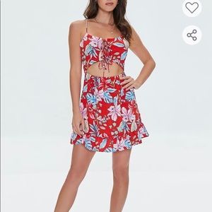 Tropical-print lace front mini dress